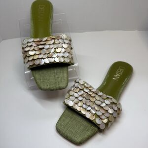 Deltan Flora Green Linen Mother Of Pearl Disc Flat Size Sandals Sz 9 New